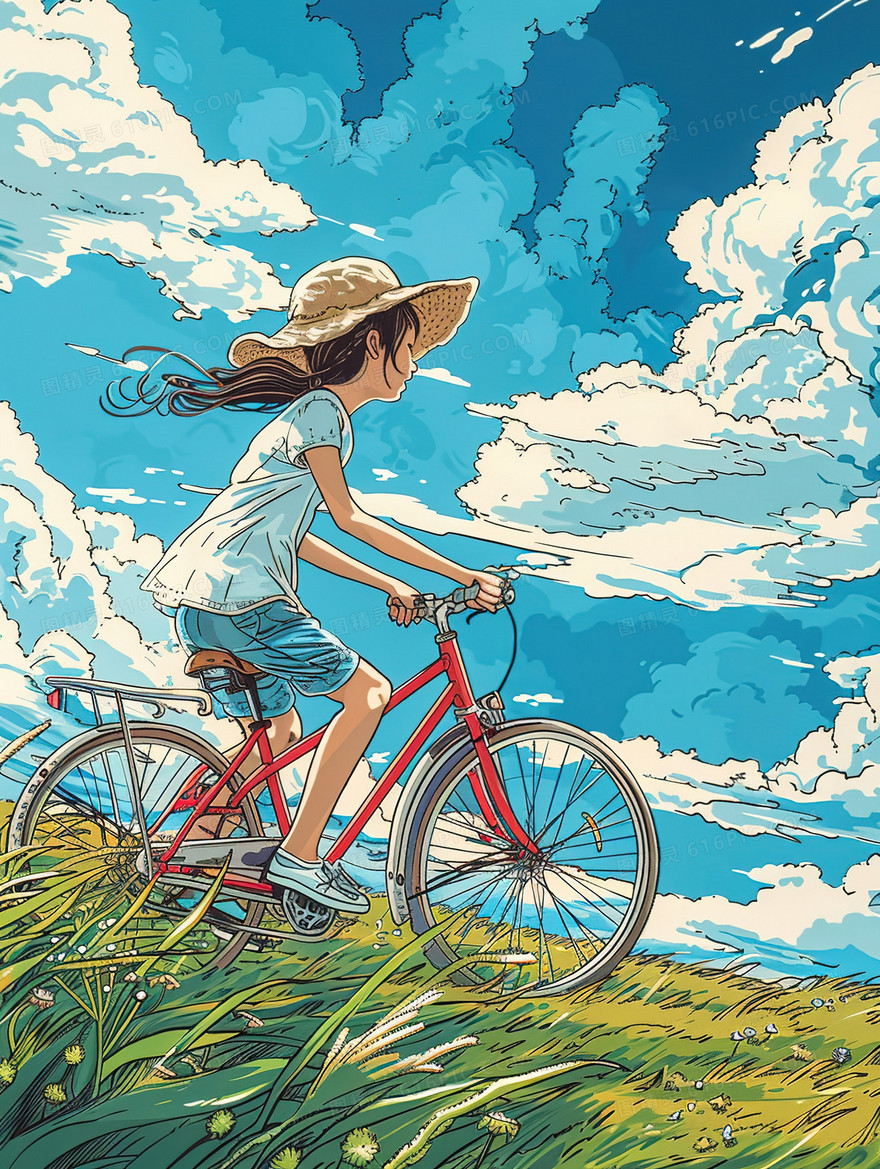 森林草地上骑自行车的小女孩插画