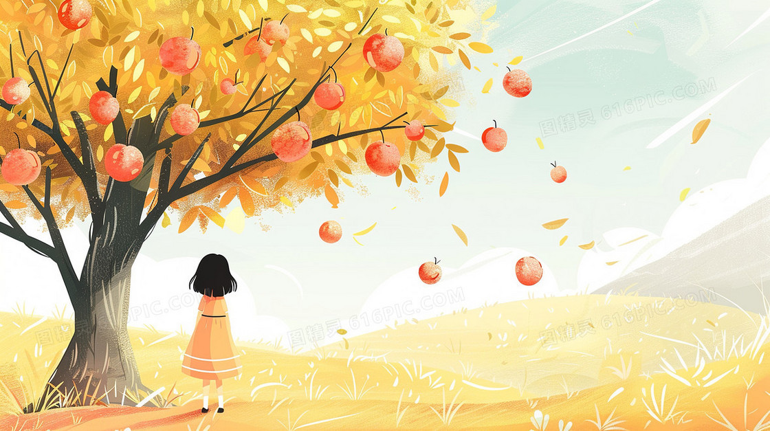 在草地上果树木下一个女孩子看风景淡黄色背景下插画