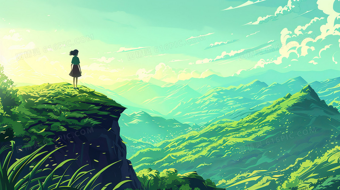 夏季翠绿的山峰上站着的女孩插画