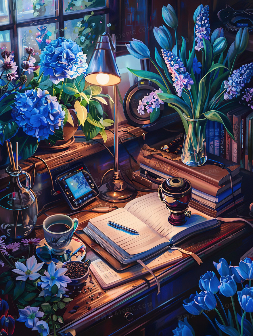 书房书桌上摆放的打开的书本与音乐播放器插画