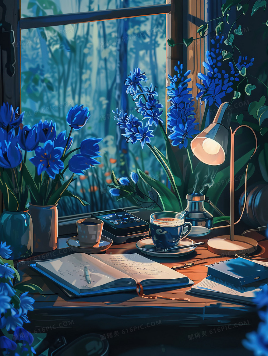 书房书桌上摆放的打开的书本与音乐播放器插画