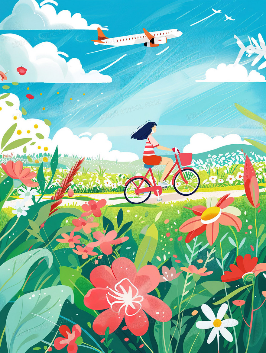 森林草地上骑自行车的小女孩插画