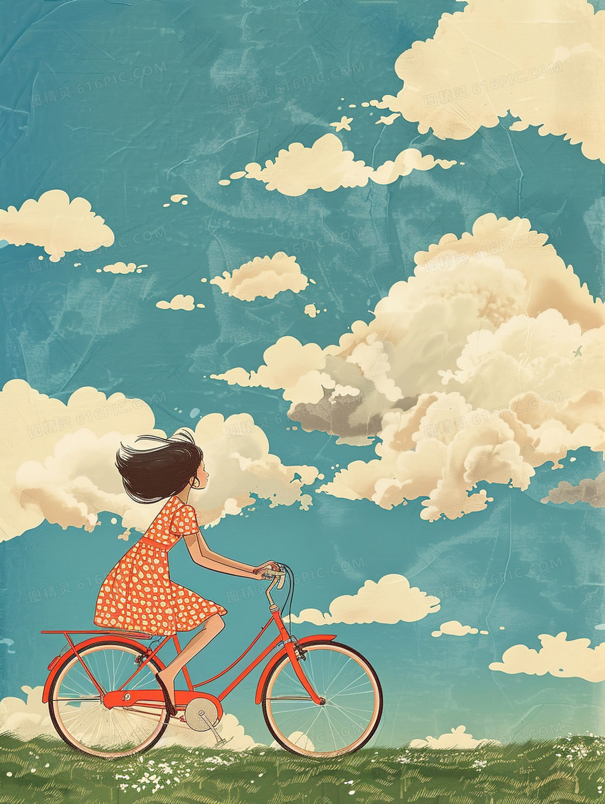 森林草地上骑自行车的小女孩插画