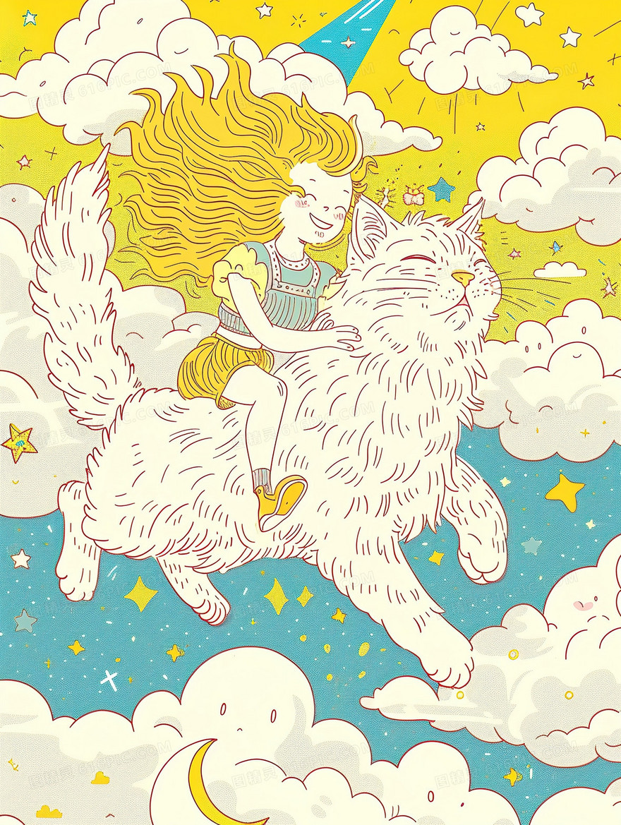 小女孩骑着猫咪在云层上漫步插画