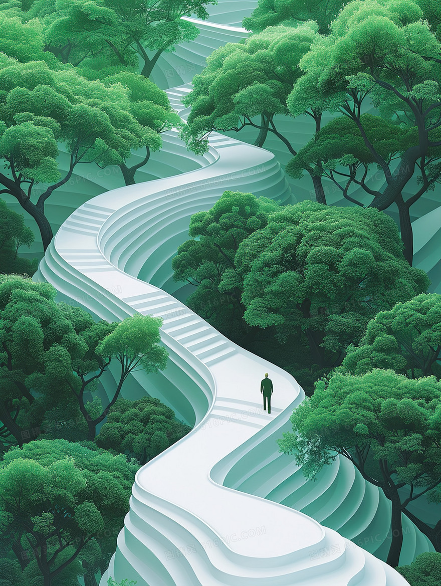 绿色山林中的白色楼梯纸艺插画