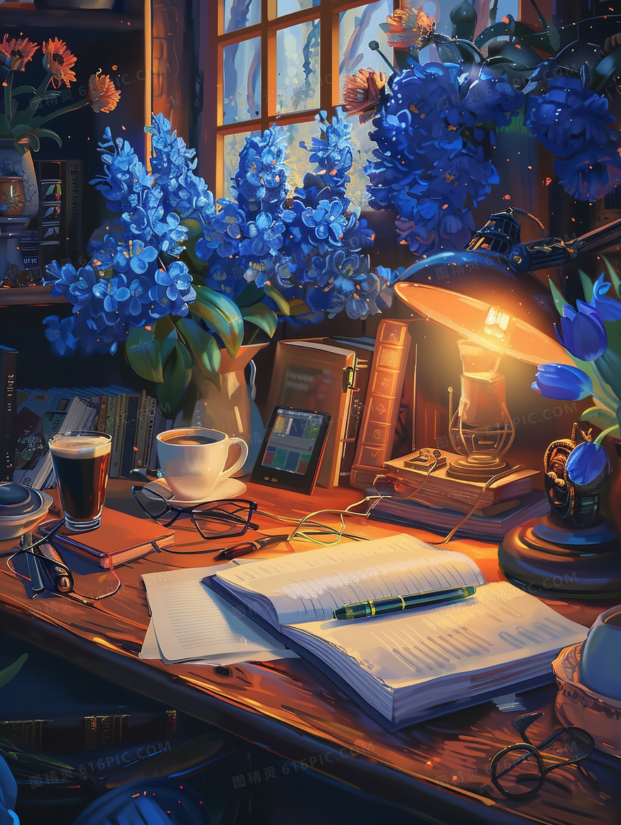 书房书桌上摆放的打开的书本与音乐播放器插画