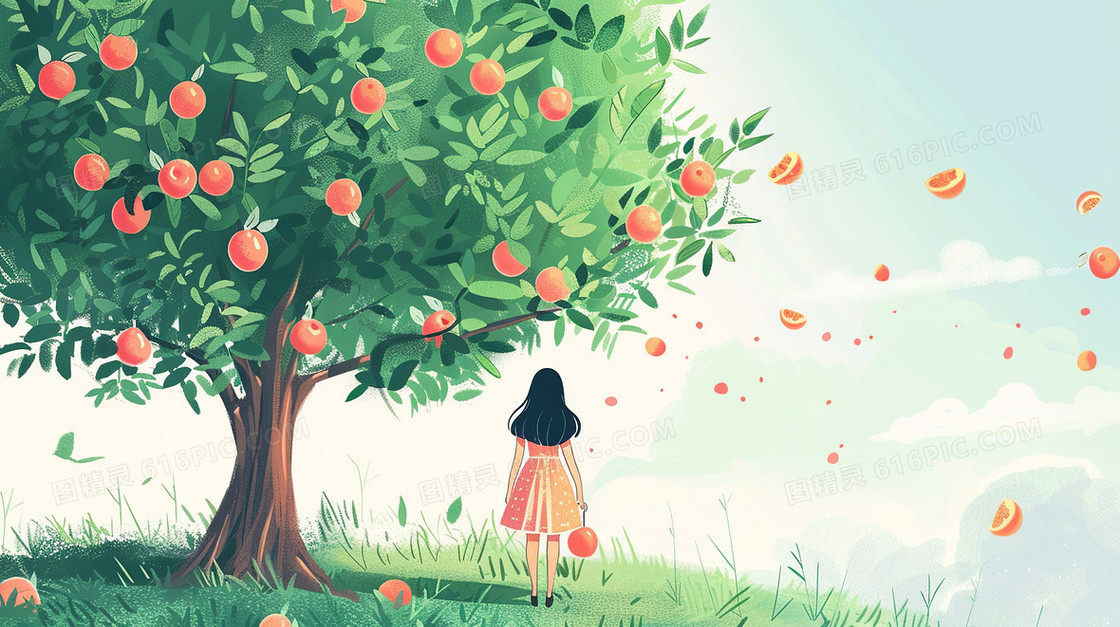 绿色草丛上一个女孩子在果树下看风景插画