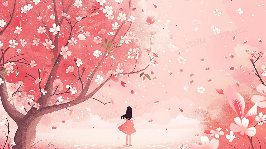 粉红色樱花树下一个女孩子带着帽子看风景插画