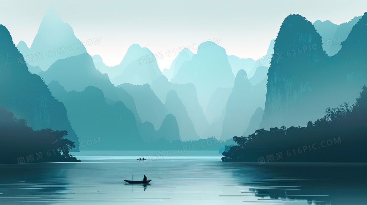 山雾中的桂林山水插画背景图片下载_2912x1632像素JPG格式_编号vo8fxr8e3_图精灵