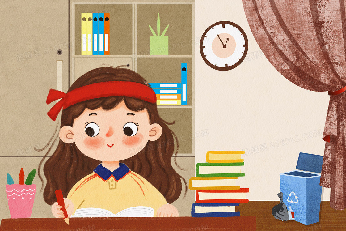 彩色卡通中考奋斗冲刺读书的女孩插画