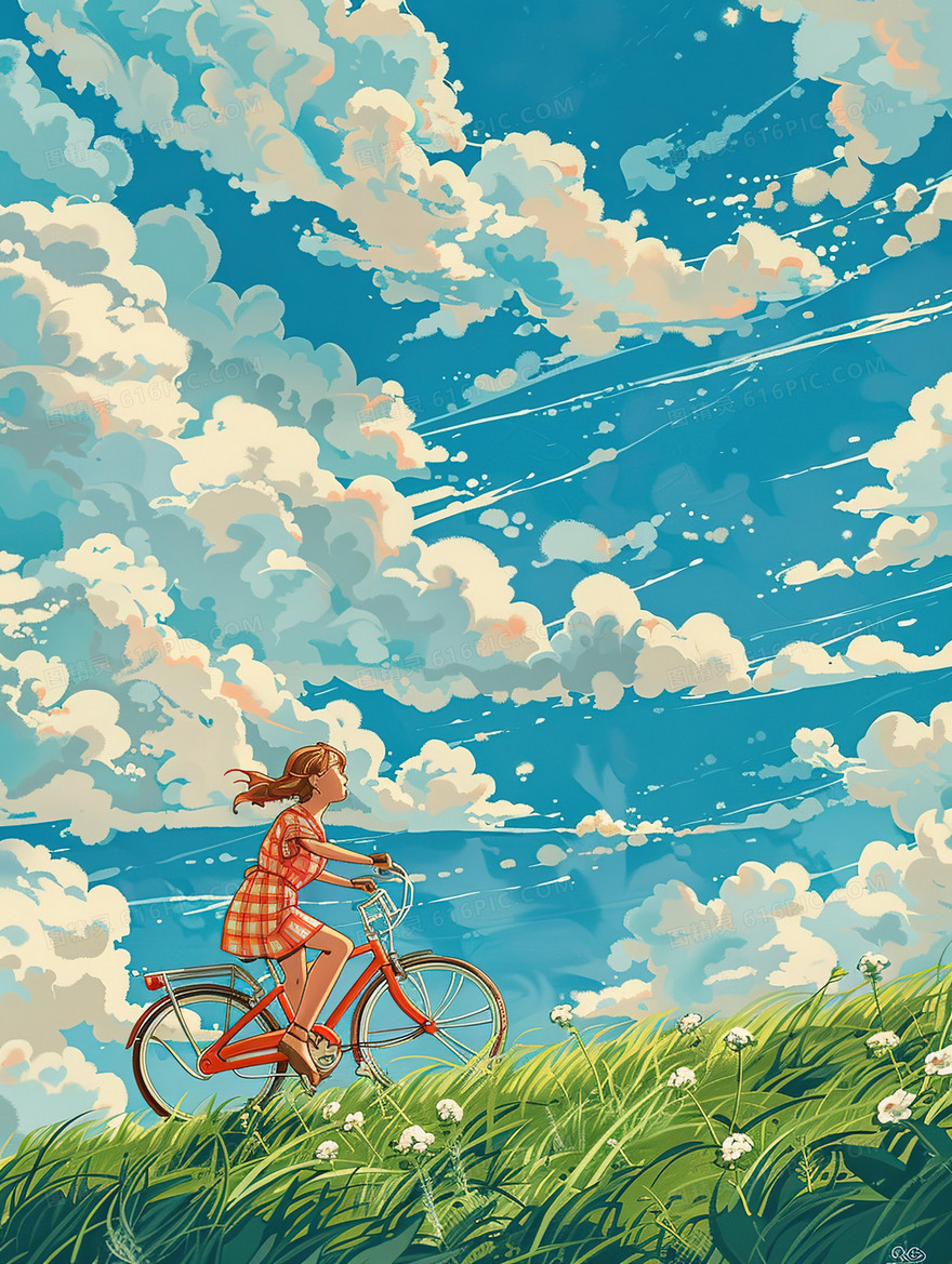 森林草地上骑自行车的小女孩插画