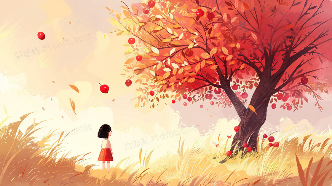 在草地上红色树木下一个女孩子淡黄色背景下插画