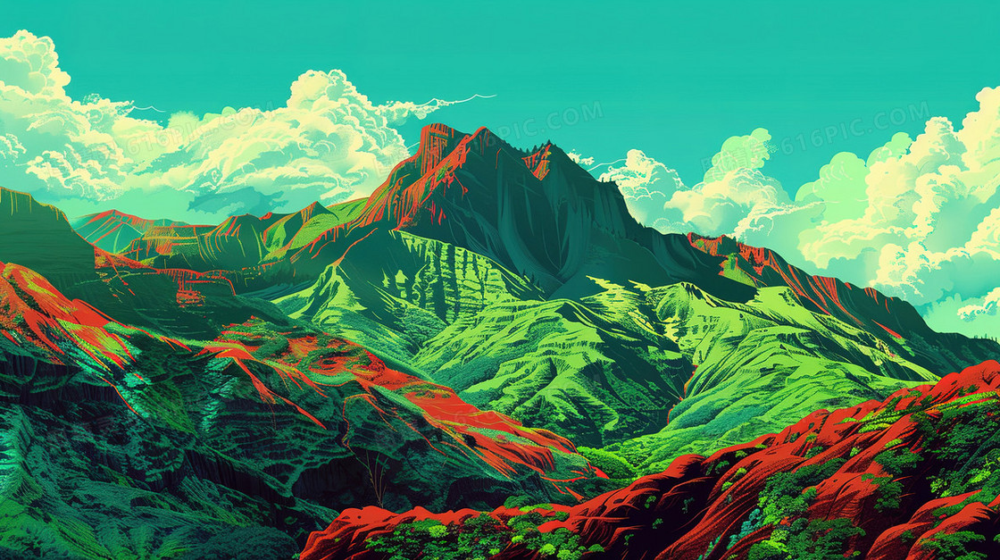 夏日彩色的群山插画