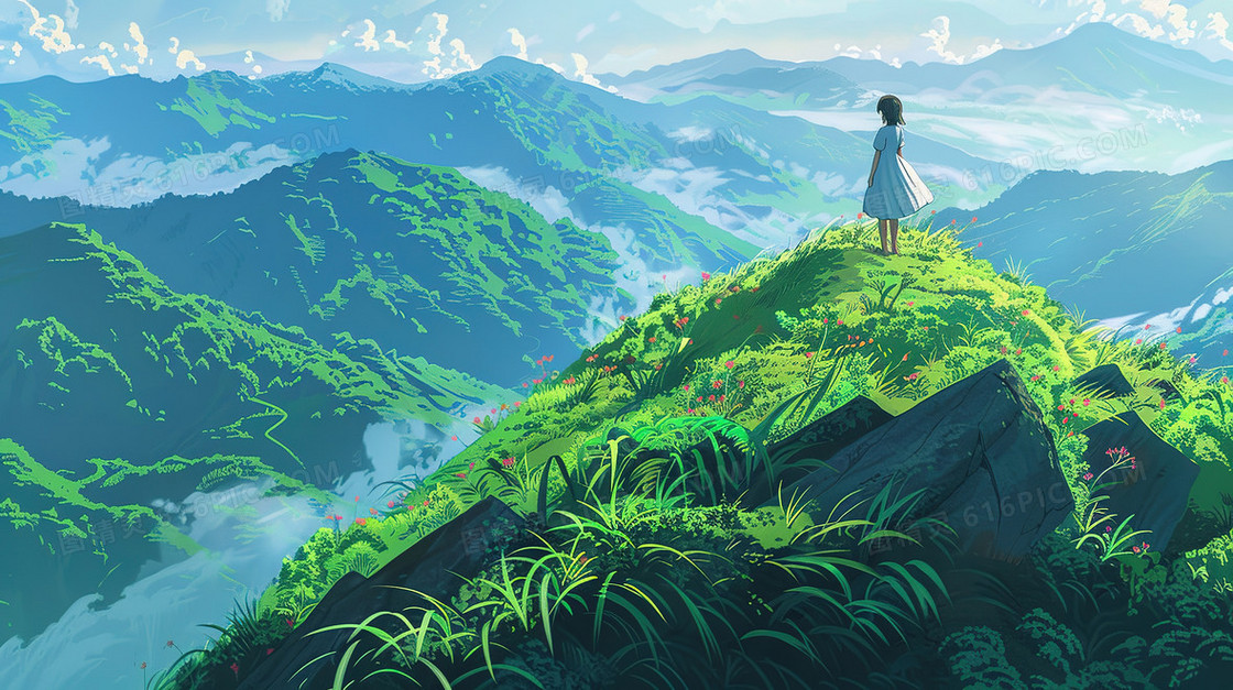 夏季翠绿的山峰上站着的女孩插画
