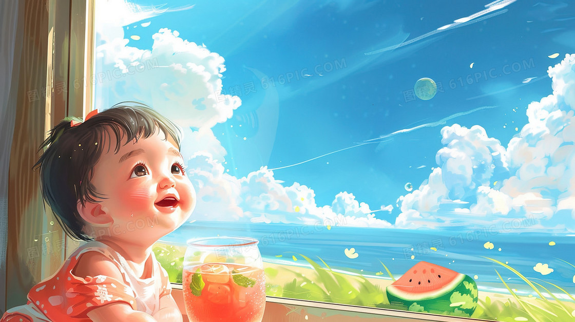 窗边看天空的小孩插画