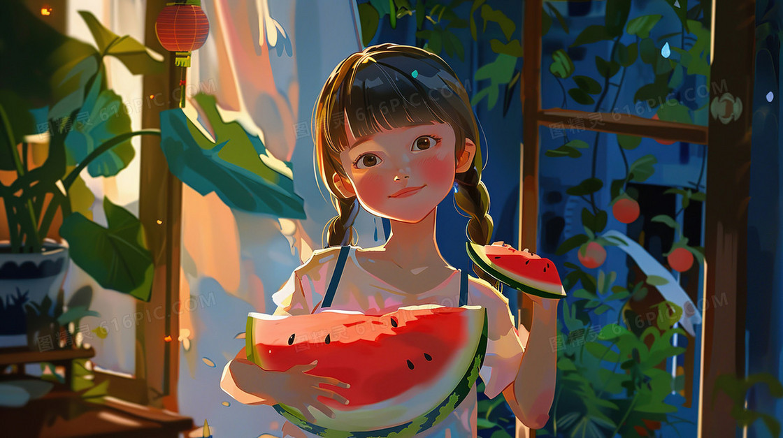 手拿西瓜的女孩插画