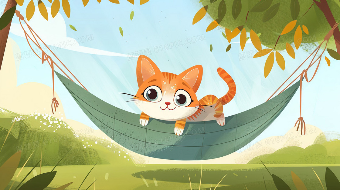 睡在吊床上的可爱猫咪插画