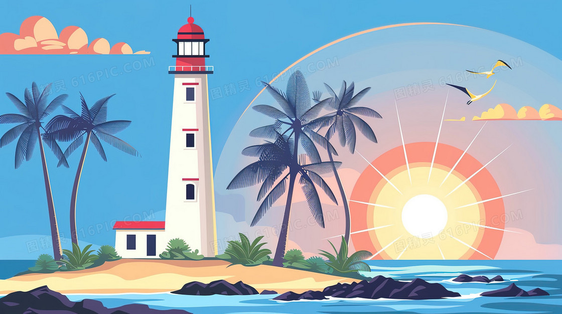手绘海洋灯塔风景插画