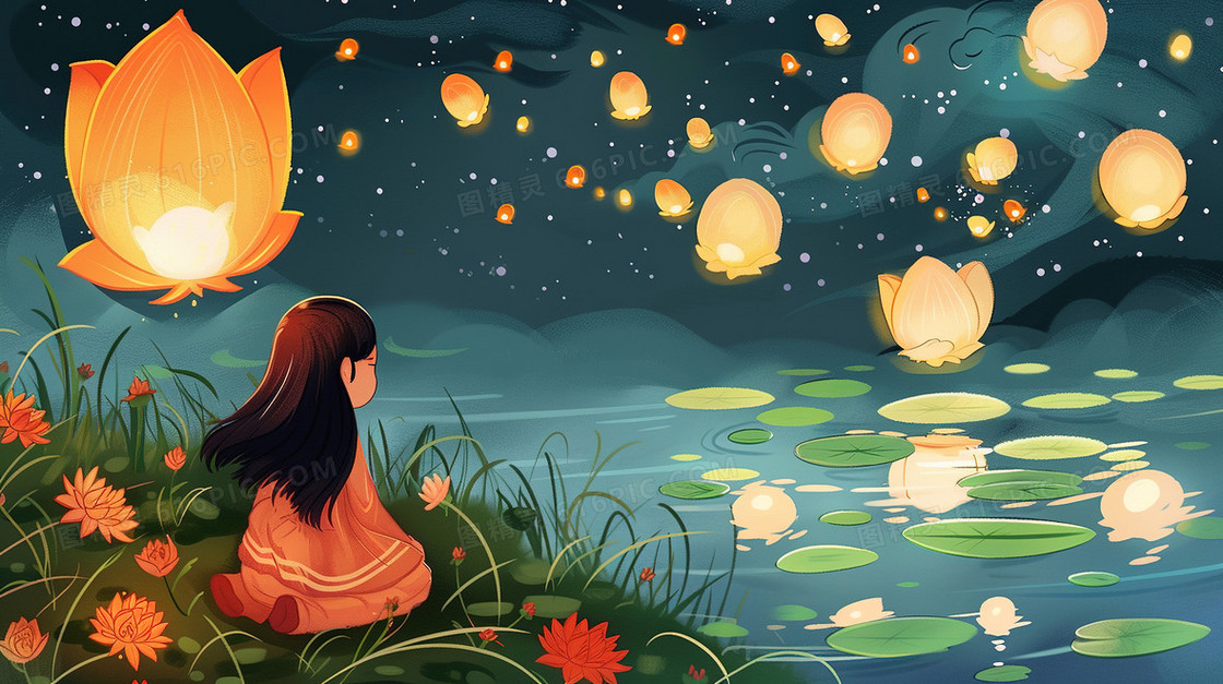 女孩在河边放孔明灯