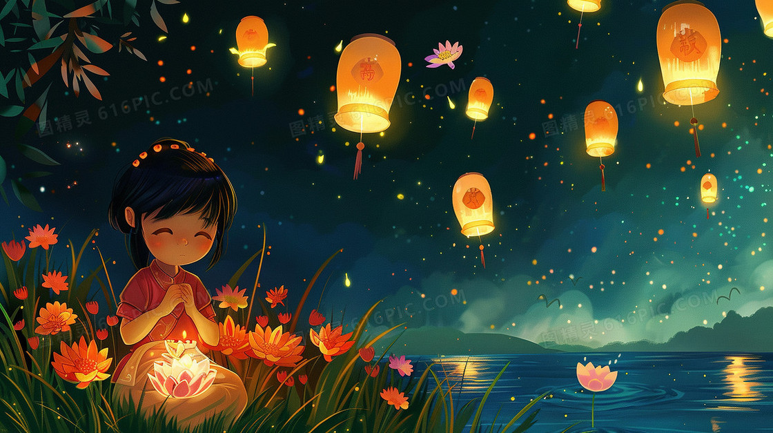 夜空下女孩在河边放莲花灯
