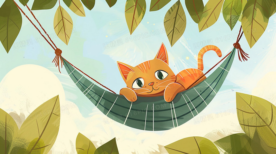 睡在吊床上的可爱猫咪插画