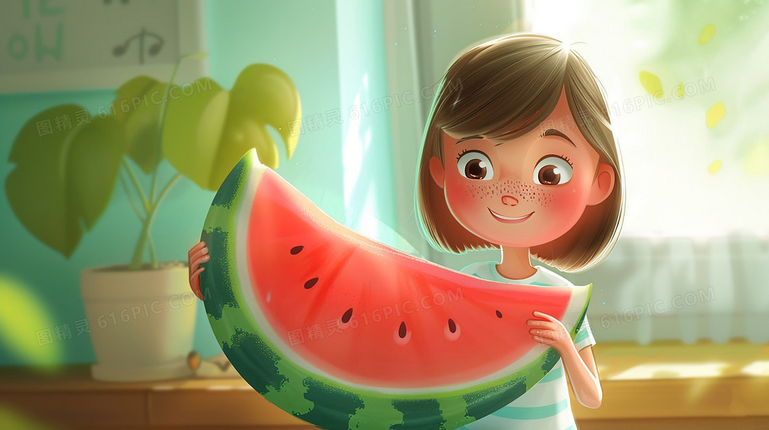 手拿西瓜的女孩插画