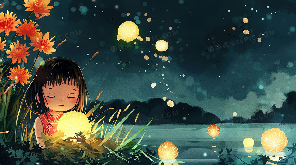 夜空下女孩在河边放孔明灯