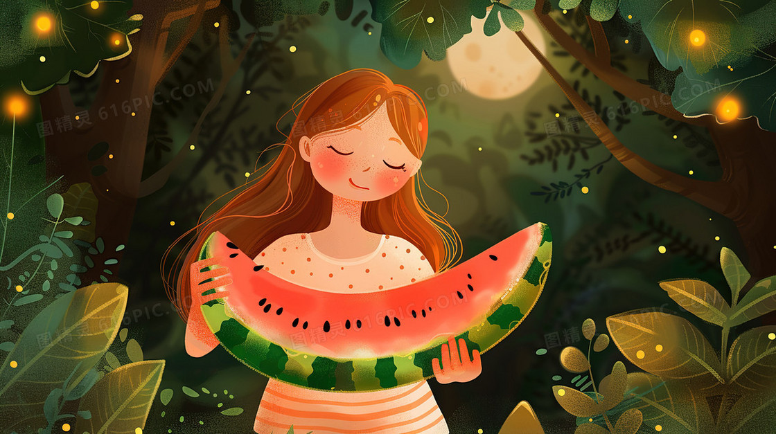 手拿西瓜的女孩插画