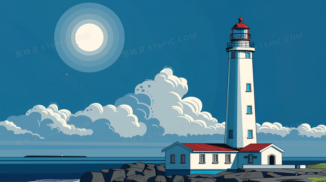 手绘海洋灯塔风景插画