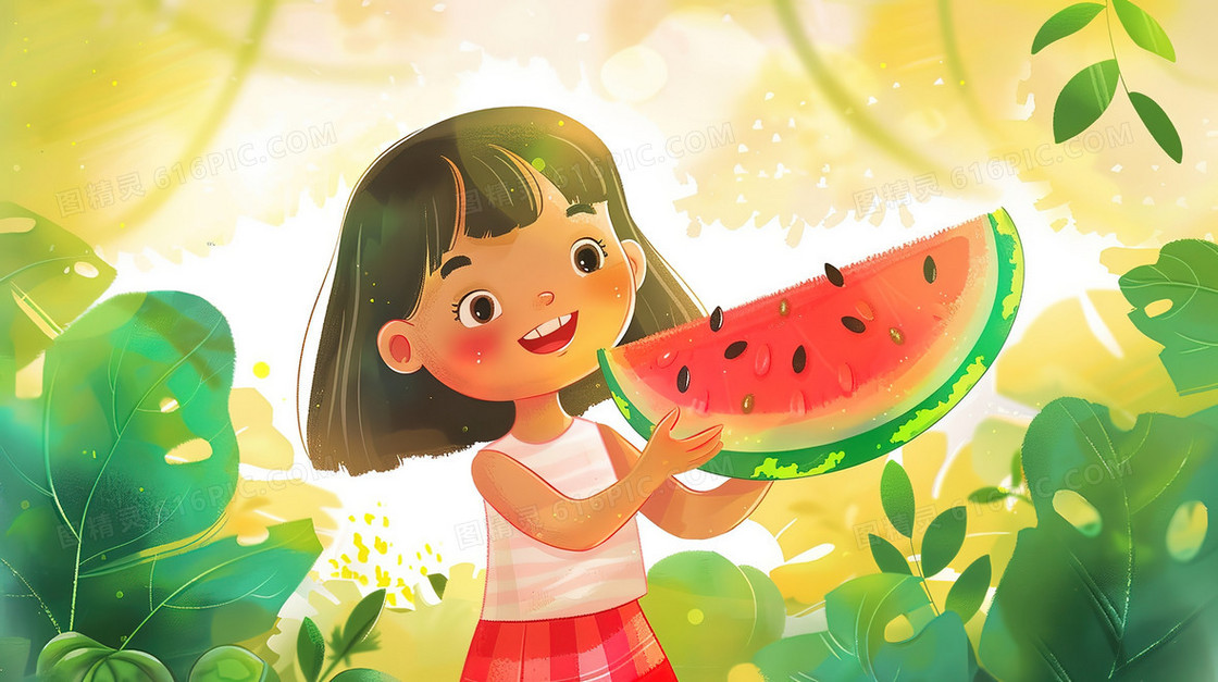 手拿西瓜的女孩插画