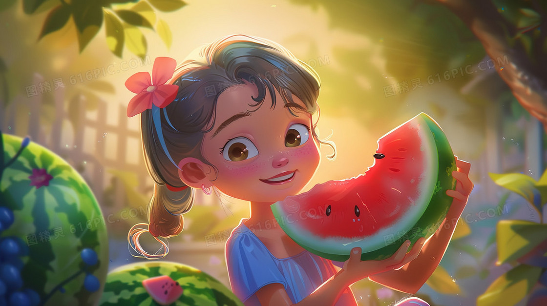 手拿西瓜的女孩插画
