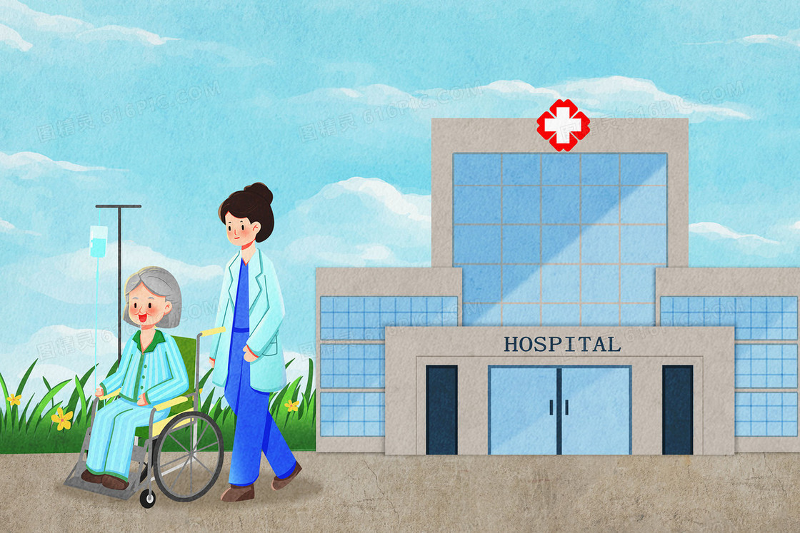 蓝色手绘卡通护士照顾病人插画