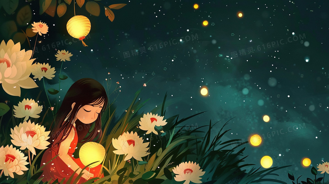 夜空下女孩在河边放孔明灯