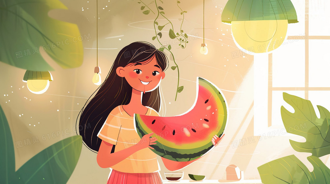 手拿西瓜的女孩插画