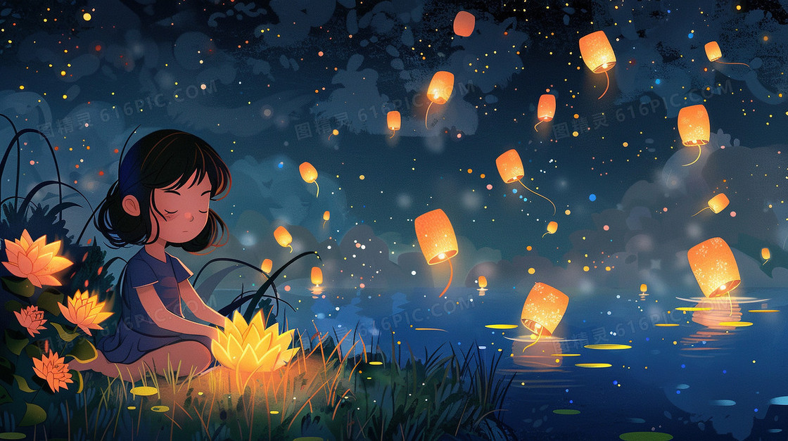 夜空下女孩在河边放莲花灯