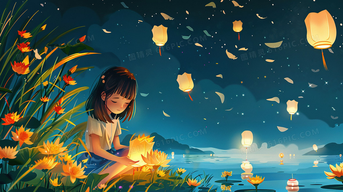 夜空下女孩在河边放莲花灯