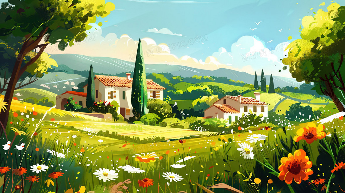 乡村田野草地风景插画