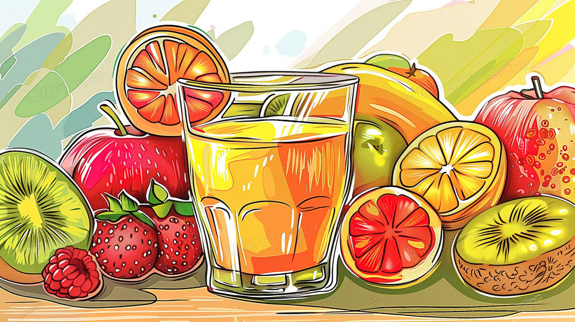 手绘夏季果汁饮品插画