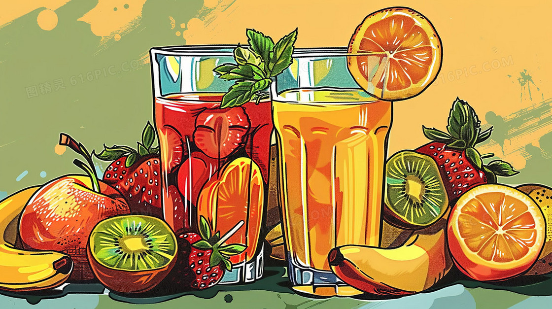手绘夏季果汁饮品插画