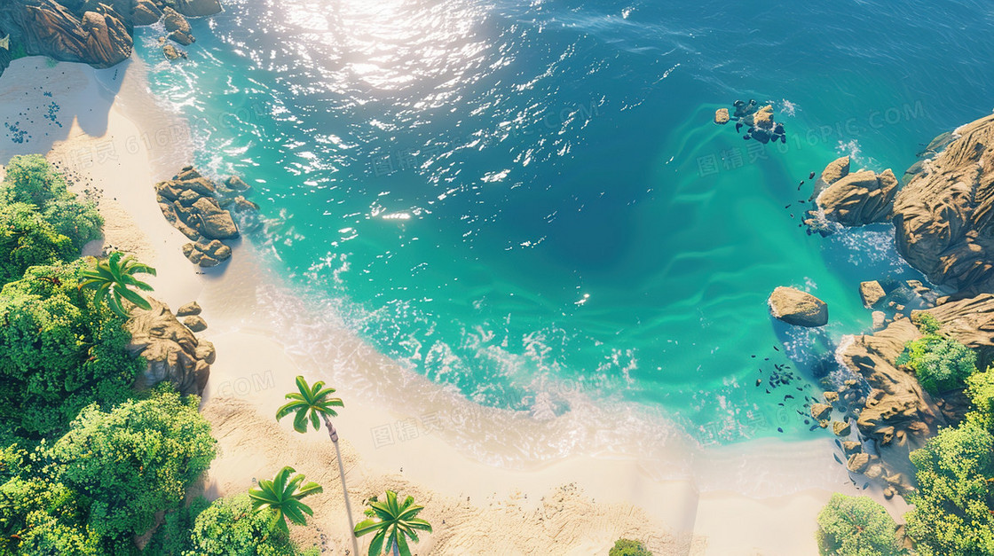 蓝色沙滩海边风景插画