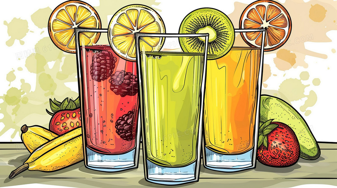 手绘夏季果汁饮品插画