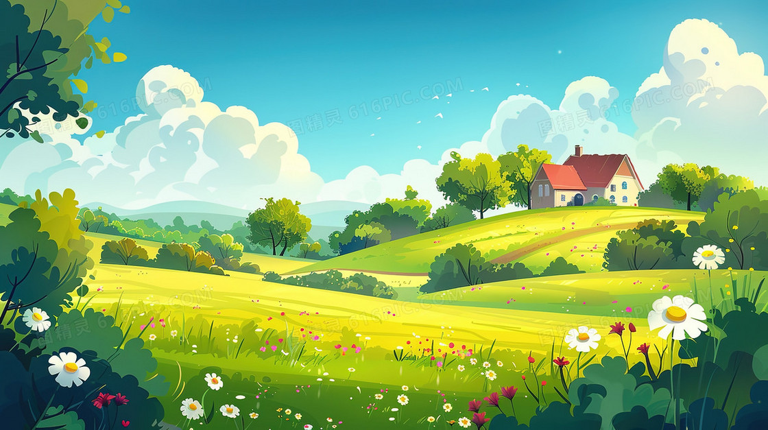 乡村田野草地风景插画