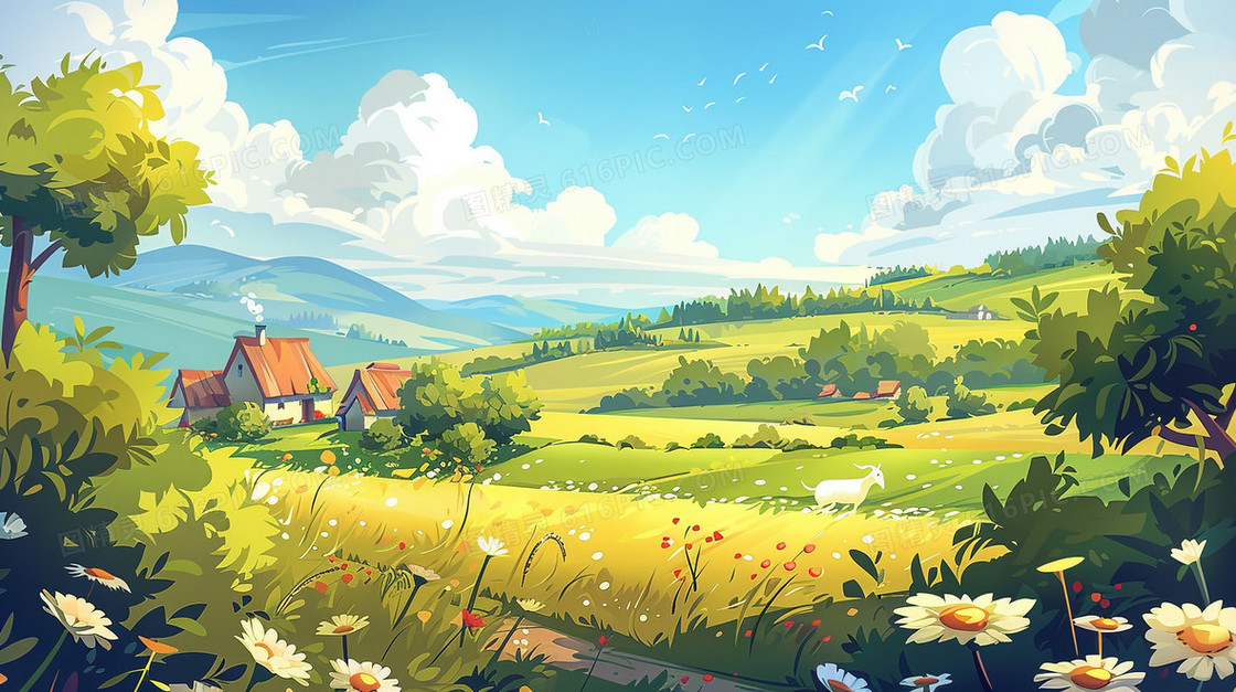 乡村田野草地风景插画