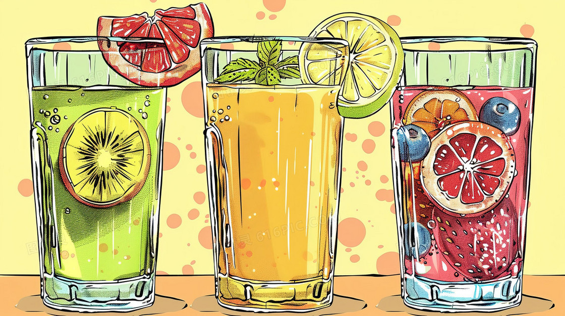 手绘夏季果汁饮品插画