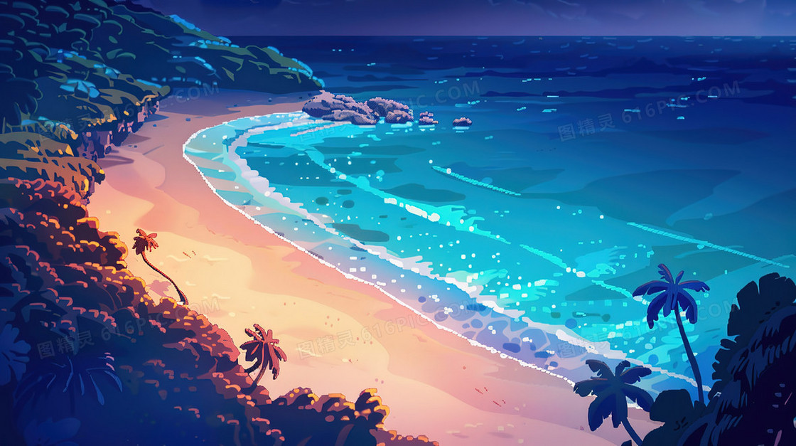 夜晚沙滩海边风景插画