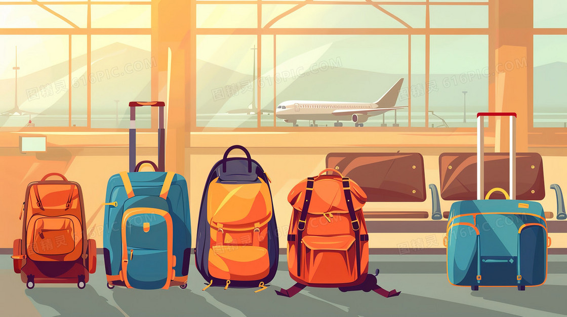 整齐排放的旅游行李插画