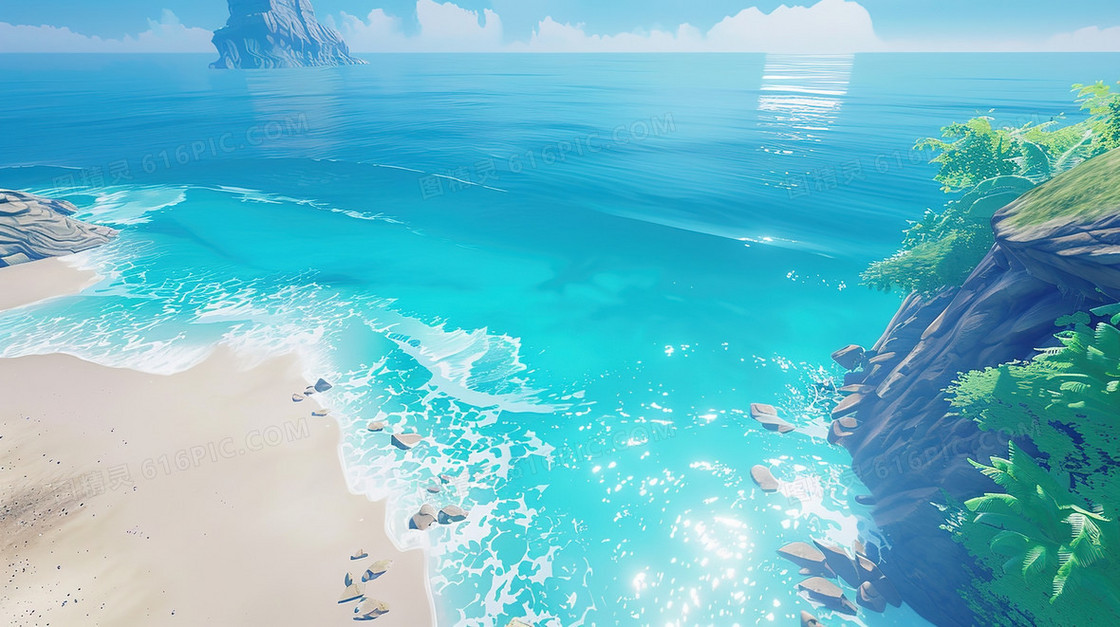 蓝色沙滩海边风景插画