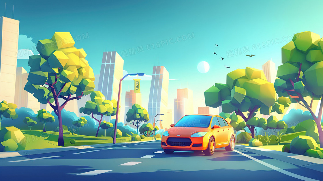 卡通城市道路上的汽车插画