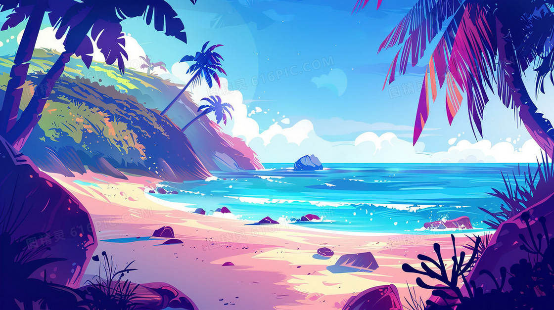 蓝天白云海滩椰子树插画