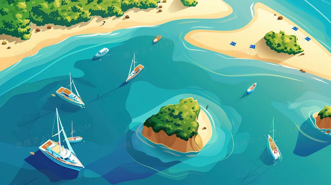 夏天海港帆船俯视插画